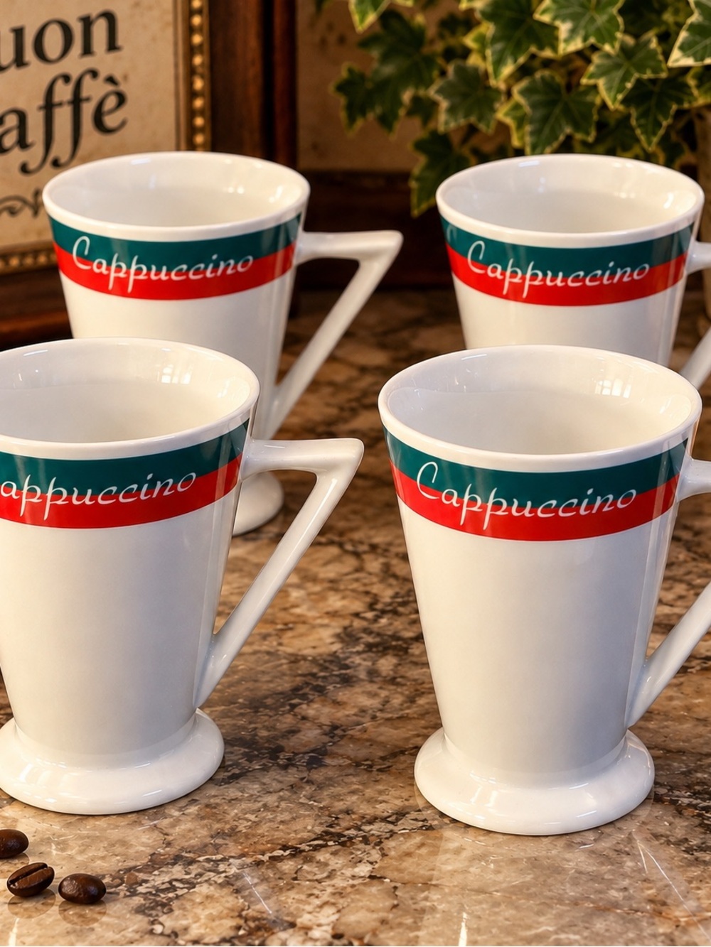 Levtov Cappuccino Ceramic Coffee Mugs - White with Green & Red Band (Set of 4)